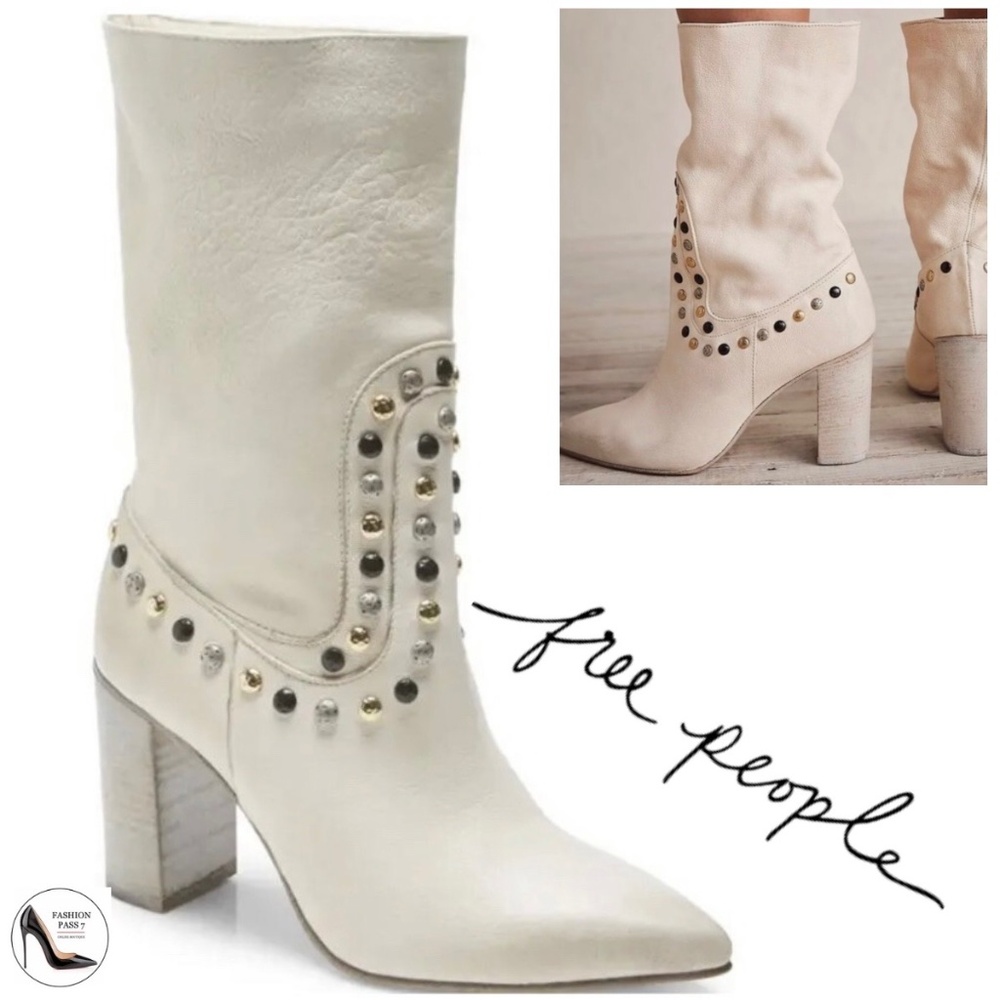 Free People Studded Ivory Leather Dakota Heeled Western Boots White Slouch Boots